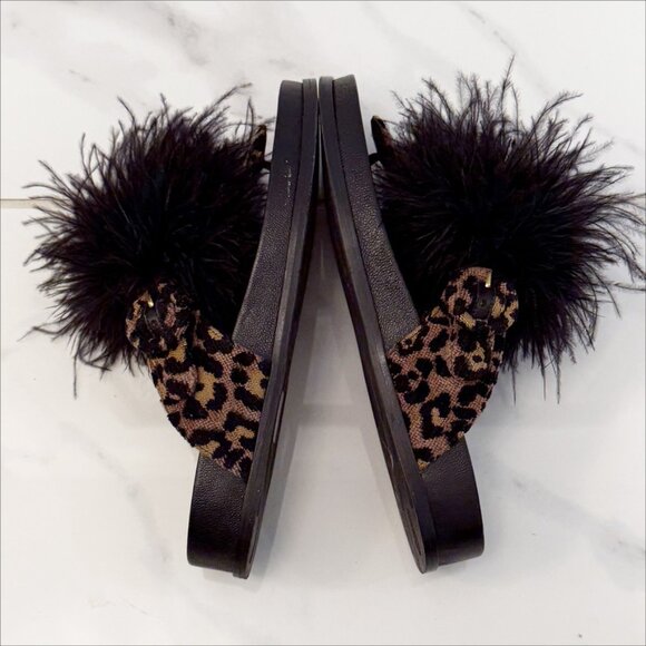 Aquazzura Boudoir Feather-Trimmed Black Animal Print Thong Sandals 7.5 - Picture 10 of 11